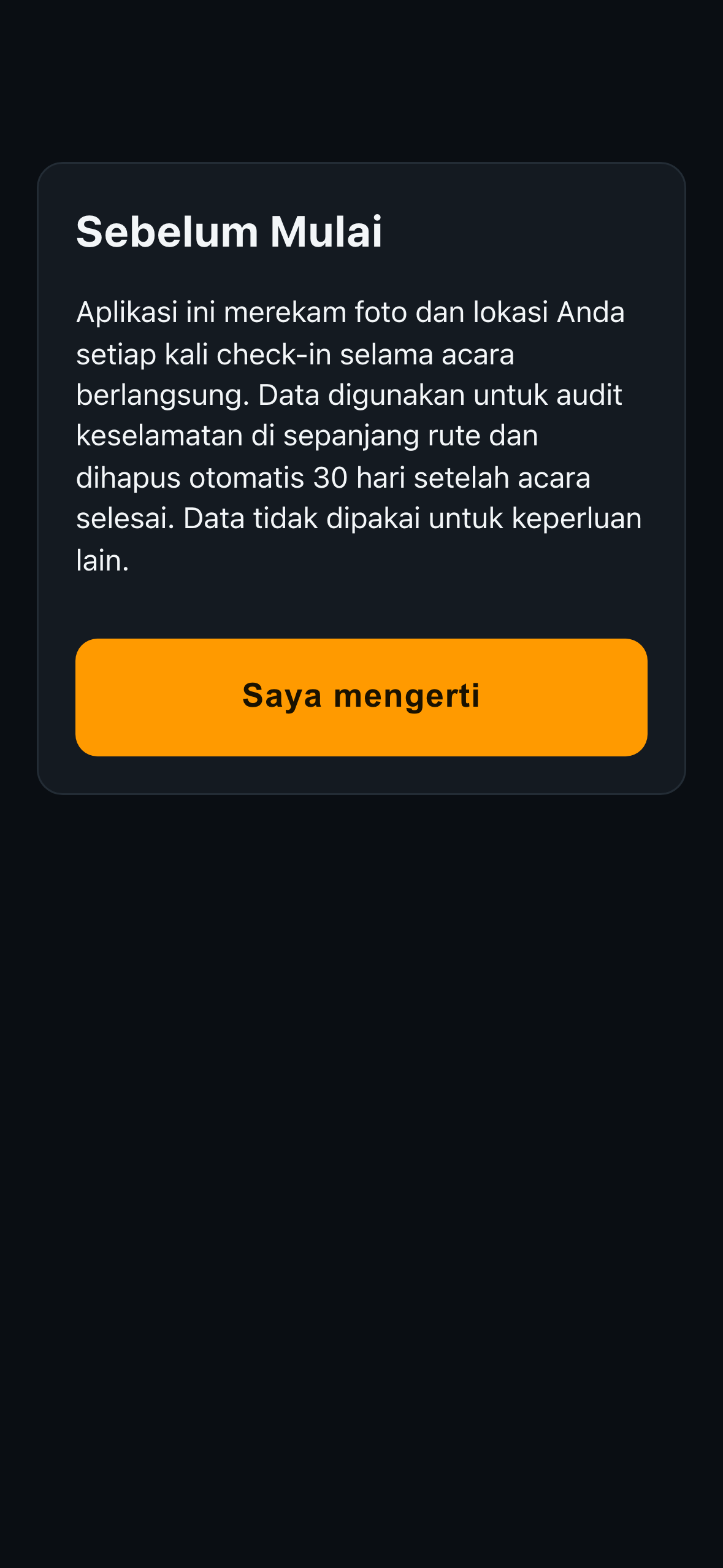 Layar persetujuan dengan pernyataan privasi singkat dan tombol Saya mengerti
