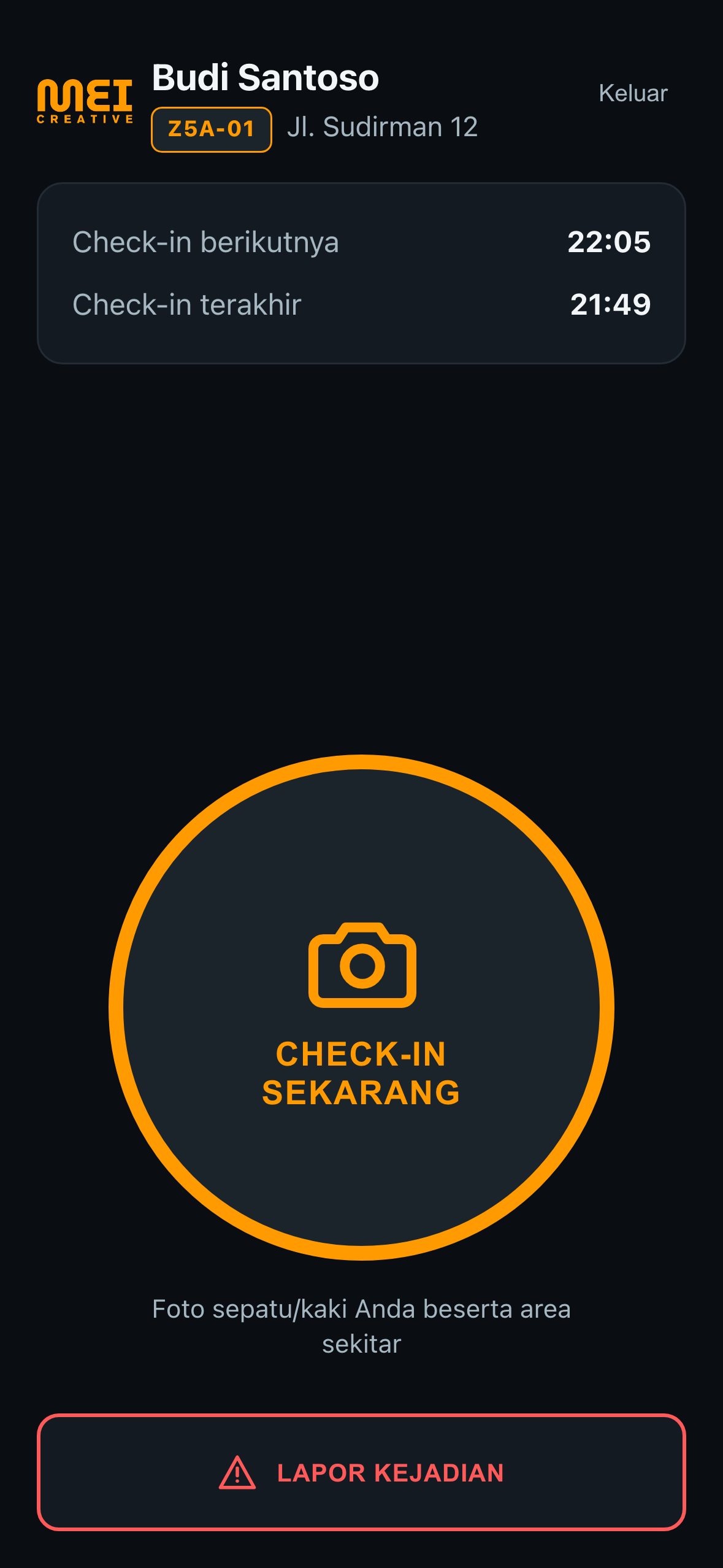 Layar utama aplikasi dengan nama marshal, info pos, tombol check-in oranye, dan tombol LAPOR KEJADIAN merah