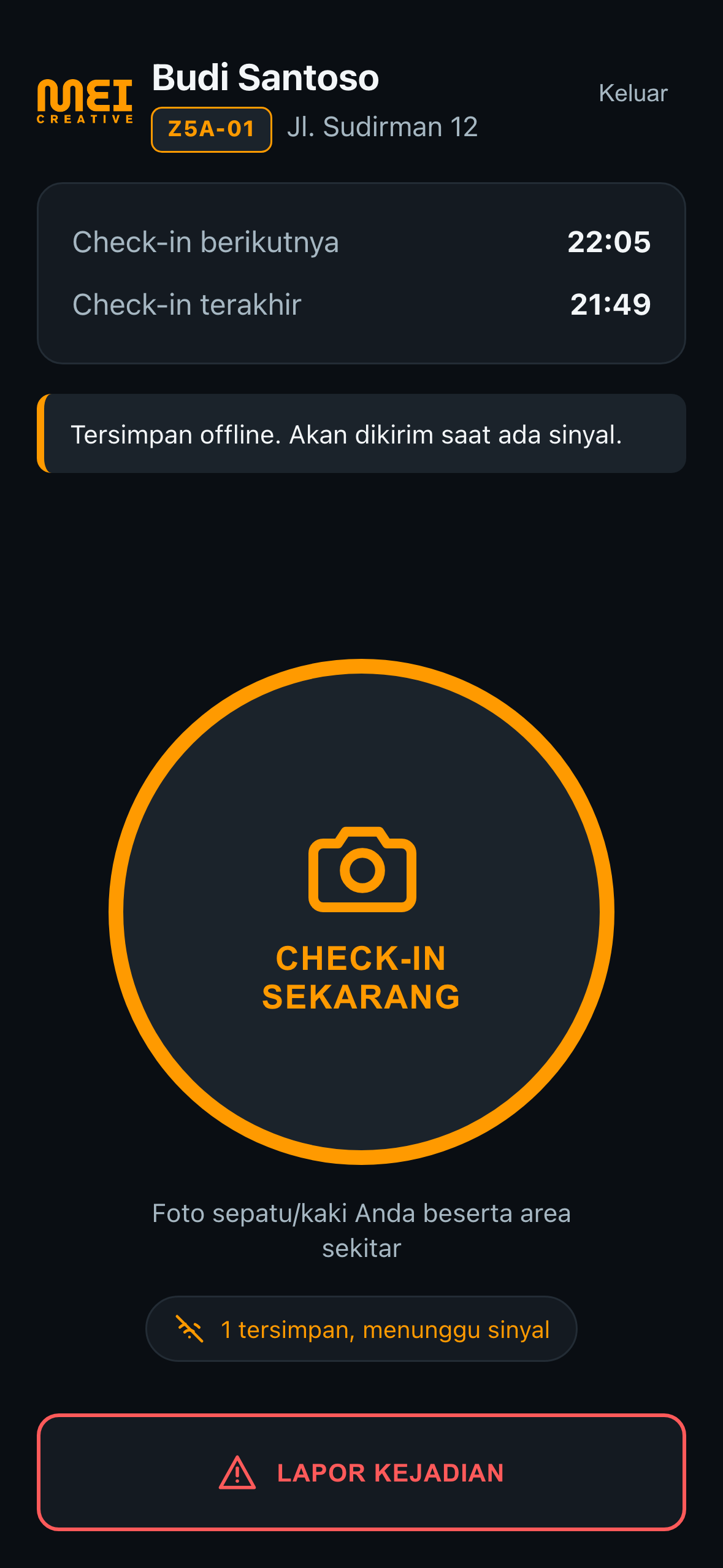 Layar utama dengan pill oranye 1 tersimpan menunggu sinyal dan catatan Tersimpan offline