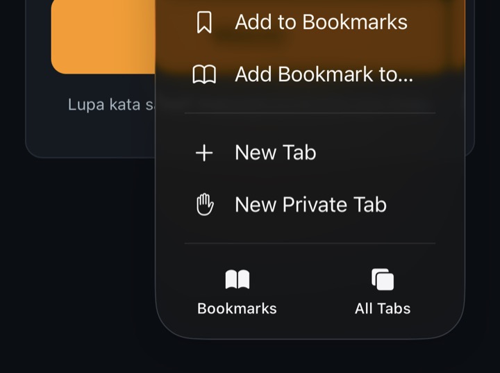 Safari kotak dialog Share dengan opsi Add to Bookmarks
