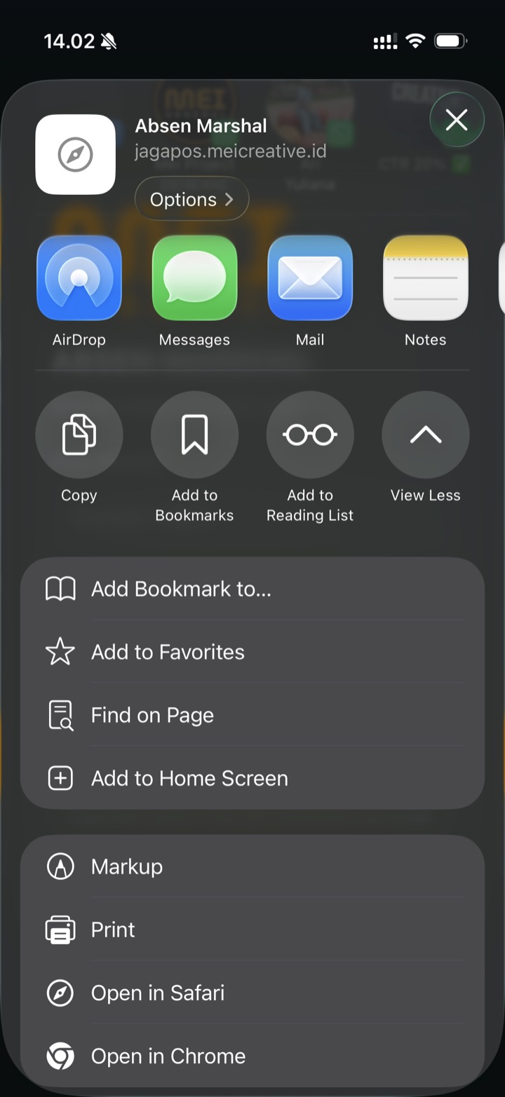 Safari kotak dialog Share dengan opsi Add to Home Screen
