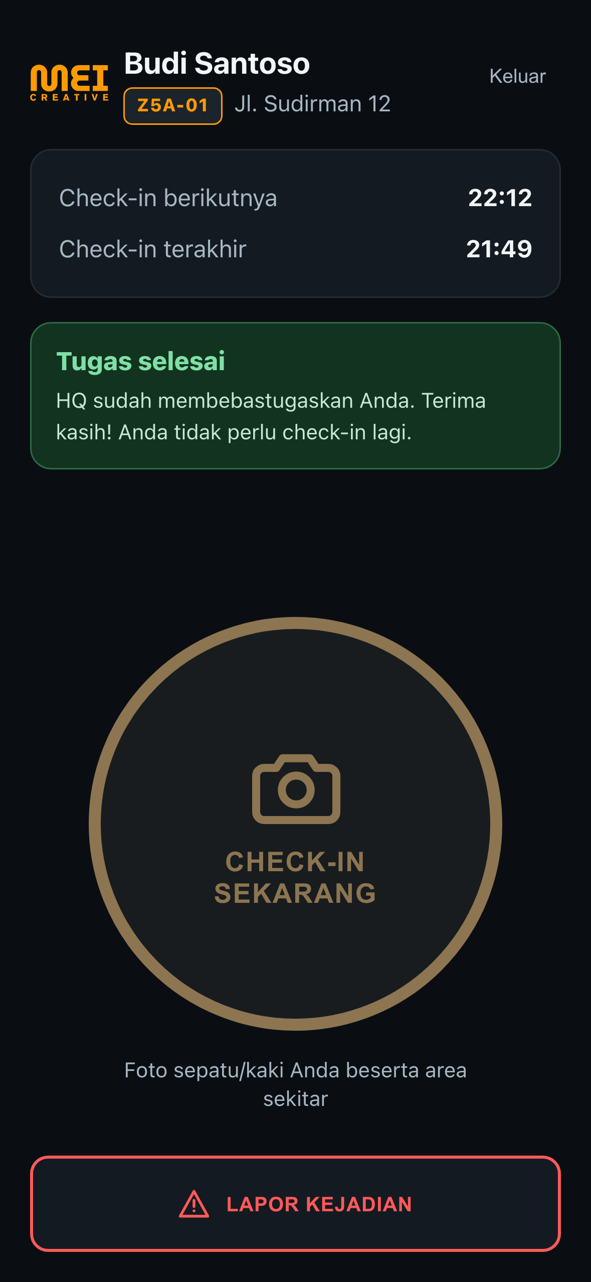 Layar utama dengan banner Tugas selesai berwarna hijau di antara info pos dan tombol check-in pudar
